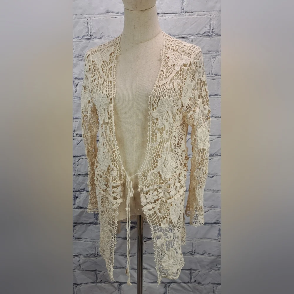 Vintage 90s Women's Crochet Open Knit Cardigan Nature Designs Mexico One Size - Picture 1 of 16